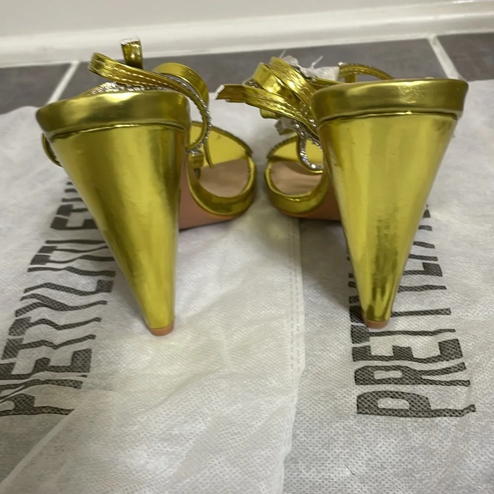 PrettyLittleThings GOLD DIAMANTE LACE UP CONE‎ HEELS size 5